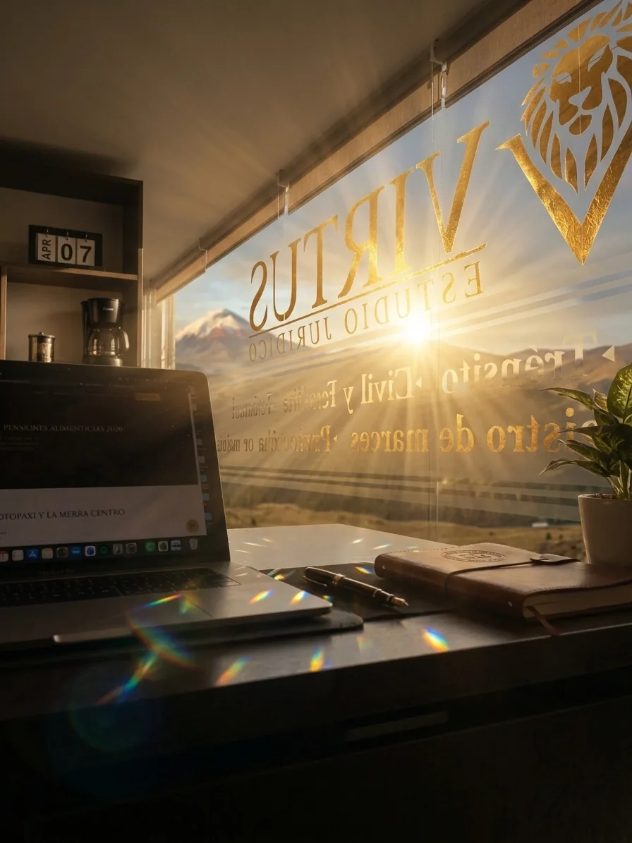 Oficina de Virtus Estudio Jurídico en Salcedo al amanecer, con el ventanal rotulado frente a la Judicatura